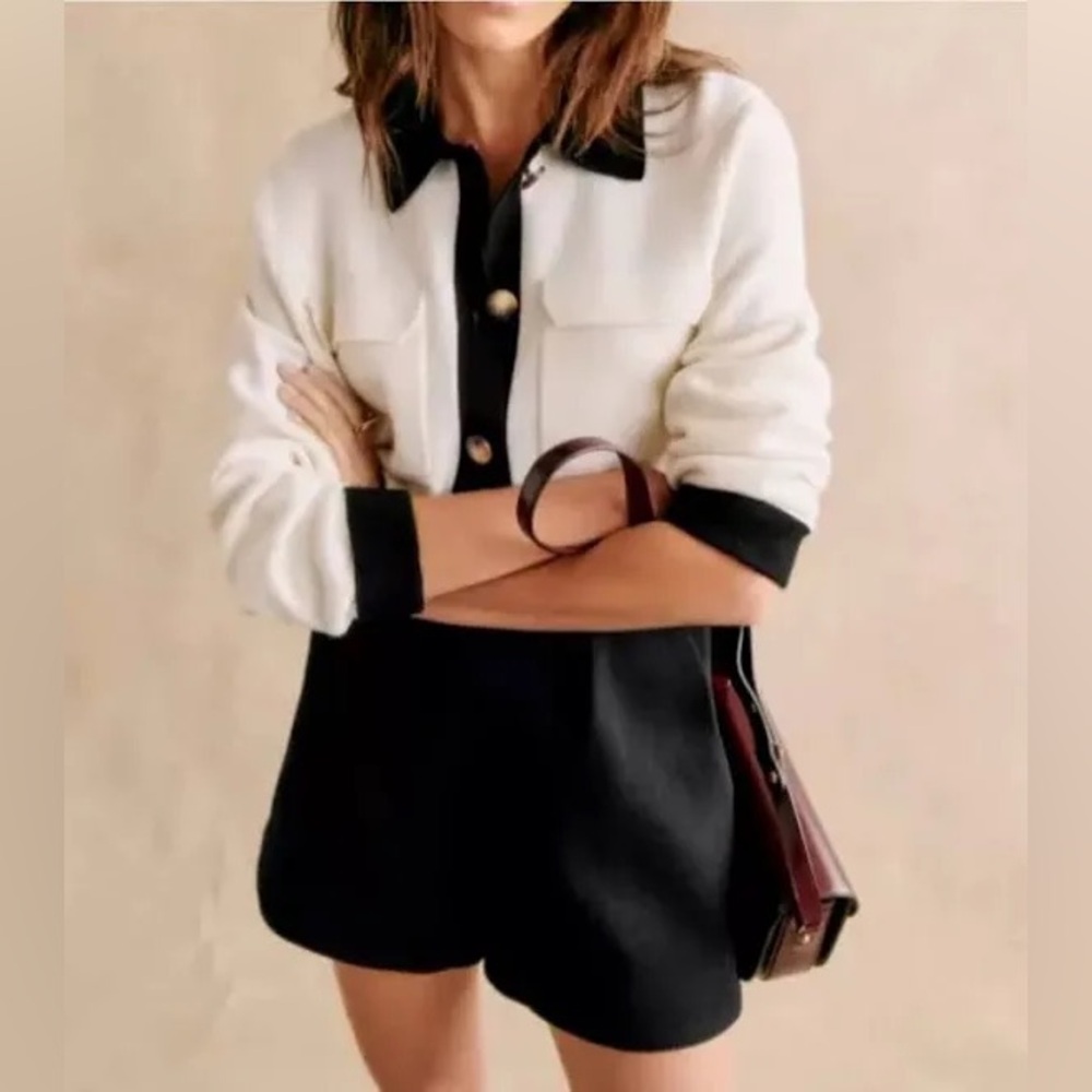 Sezane Betty Cardigan Ecru / Black - Size XXS